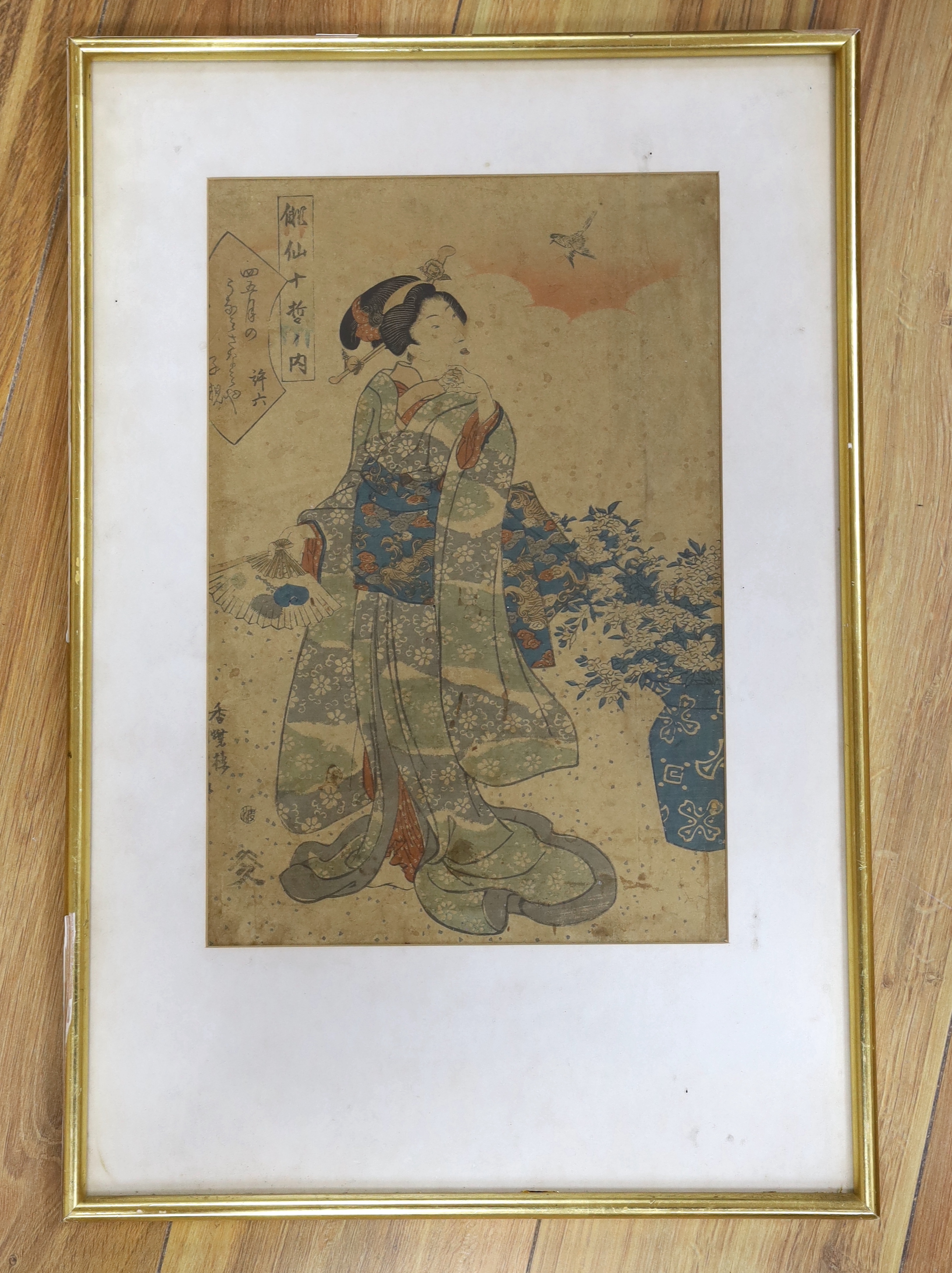 Japanese School, woodblock print, Geisha in a garden, 34.5 x 23cm